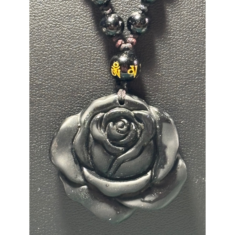 Black Onyx Carved Rose Pendant‎ Necklace Adjustable Beaded Sanskrit Accent